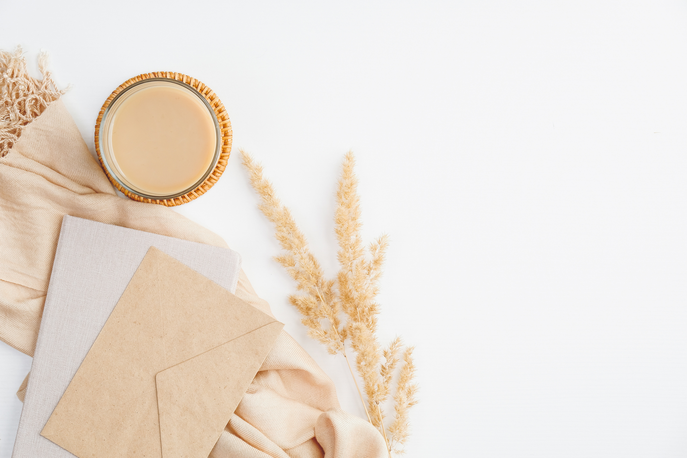 Romantic Letters, Cup of Coffee, Beige Blanket and Dry Flowers on White Background